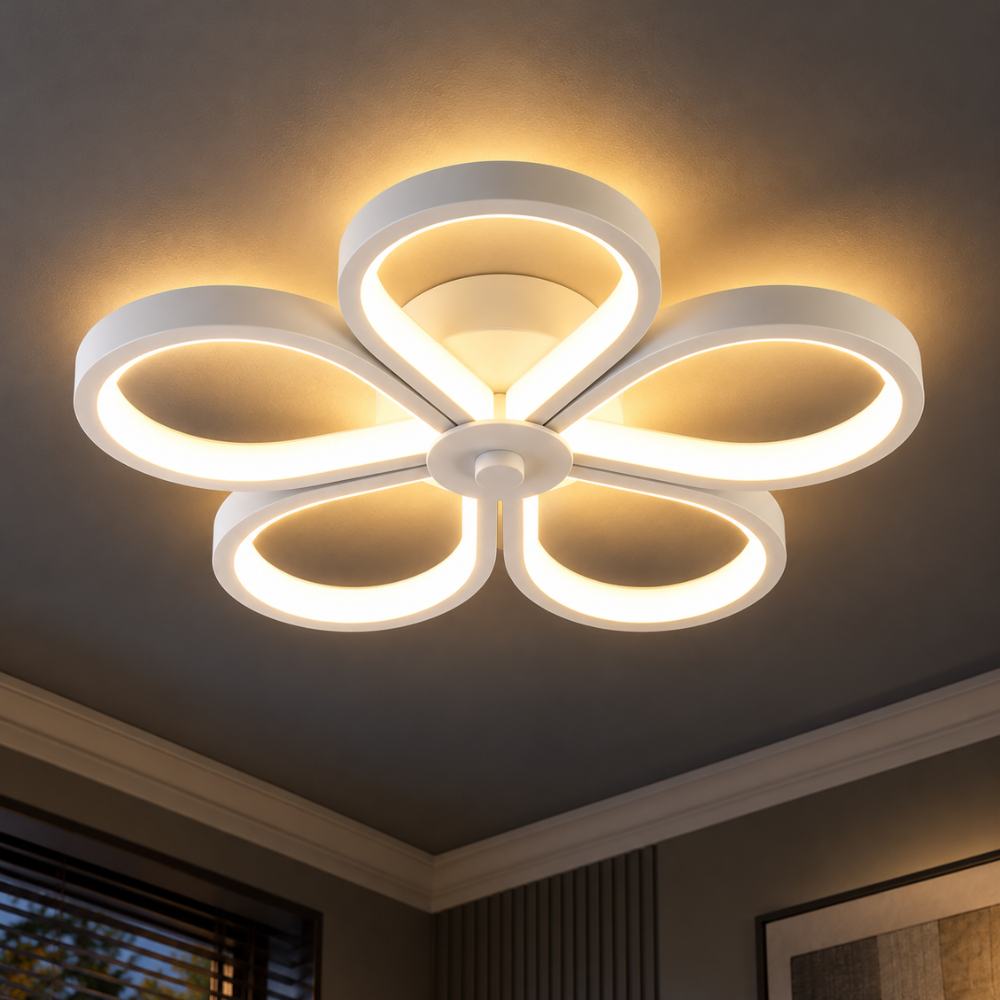 Modern LED Aisle Flower Chandelier Lights white version glowing on a dark ceiling