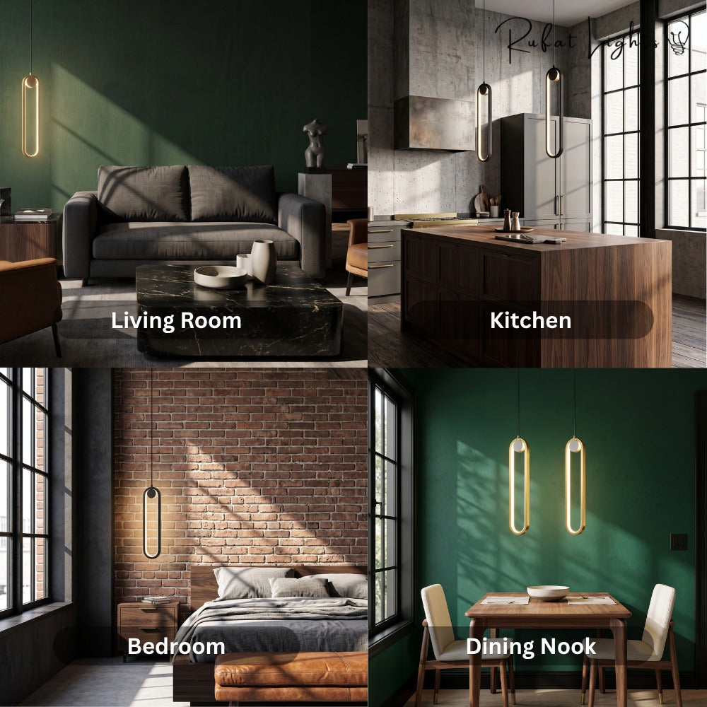 Modern LED Ovale Design Luster Fixture Pendant Lights shown in a living room, kitchen, bedroom and dining nook