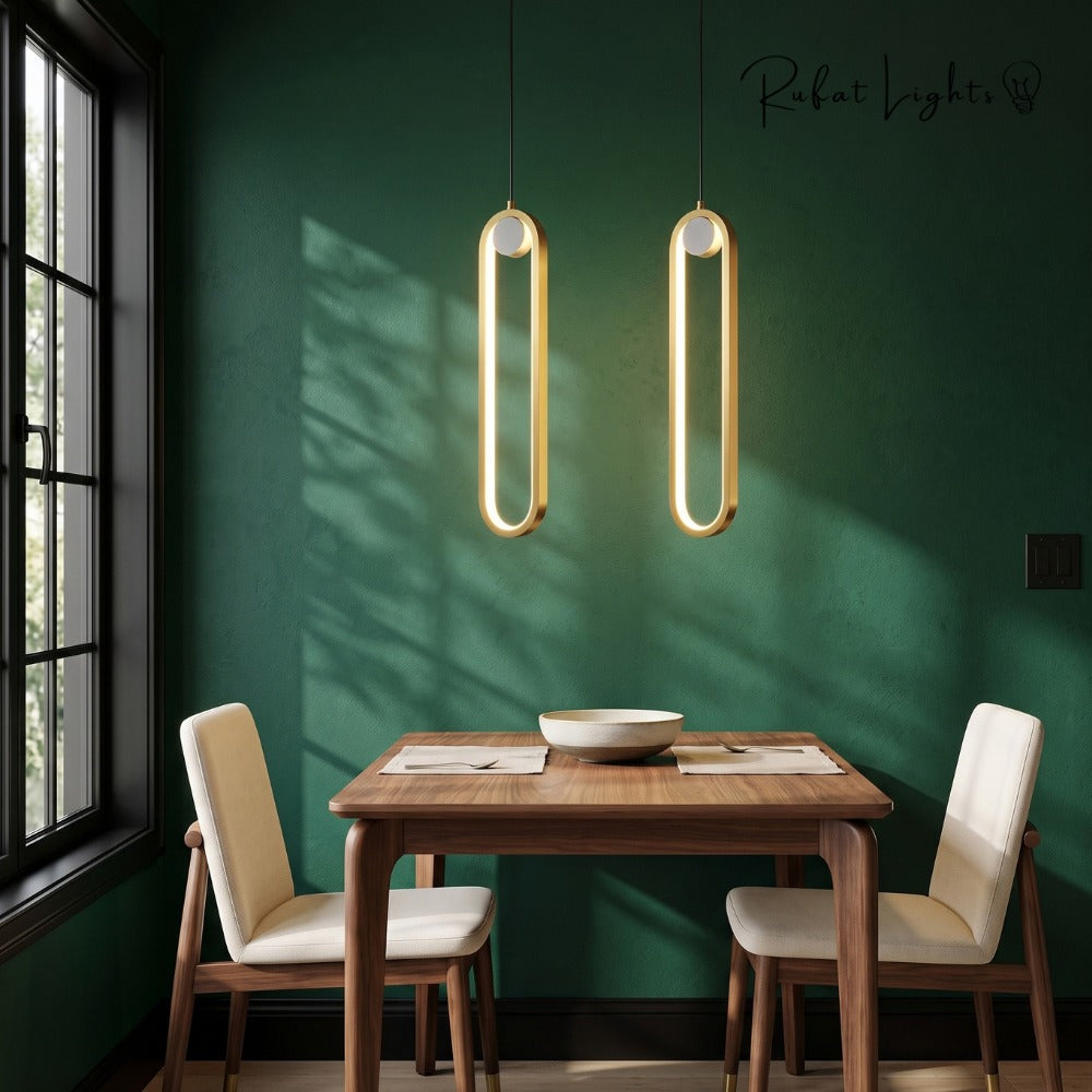 Modern LED Ovale Design Luster Fixture Pendant Lights Gold pair over a dining table
