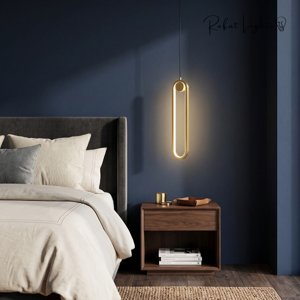 Modern LED Ovale Design Luster Fixture Pendant Lights Gold beside a bed