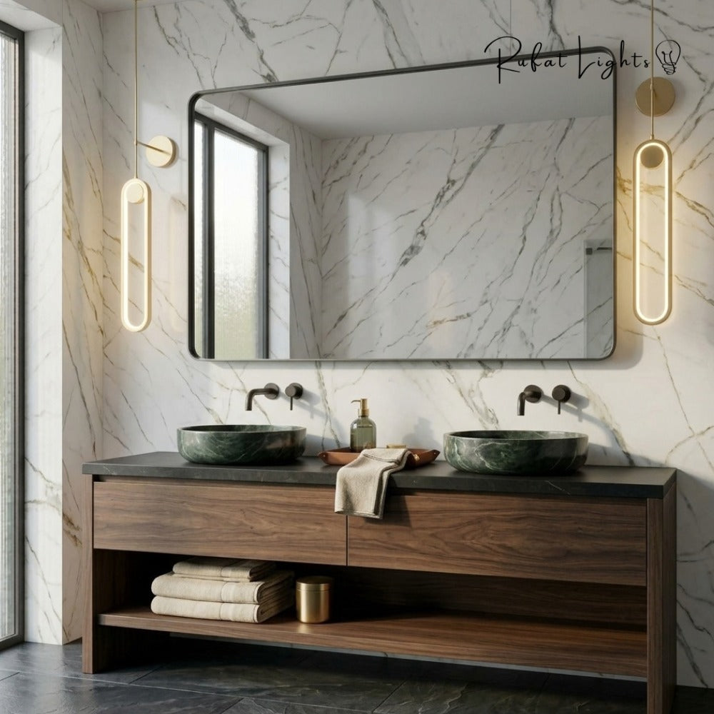 Modern LED Ovale Design Luster Fixture Pendant Lights Gold pair beside a bathroom mirror