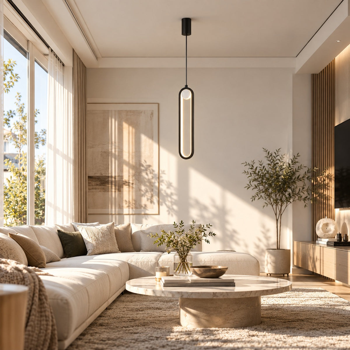 Modern LED Ovale Design Luster Fixture Pendant Lights Black in a living room