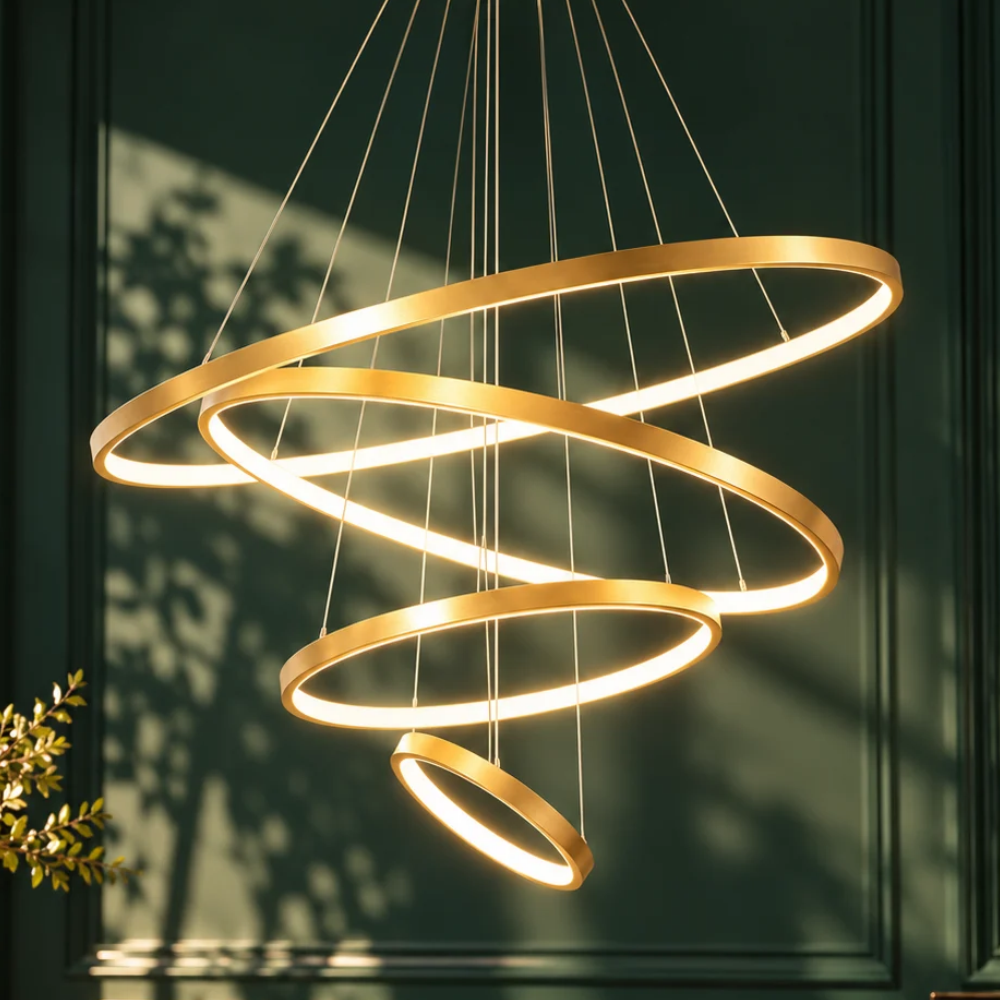 Modern LED Rings Circle Hanging Chandelier four gold LED rings glowing against a sunlit green wall