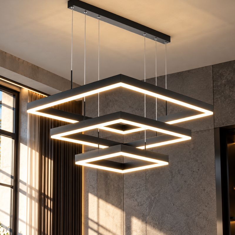 Modern LED Square Chandelier Lights three-tier square LED chandelier in a lobby