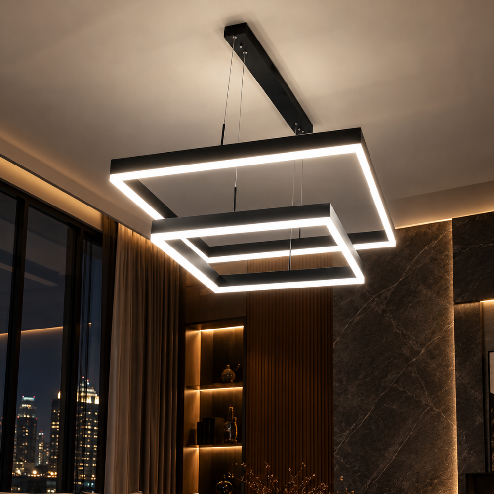 Modern LED Square Chandelier Lights two-tier version at night