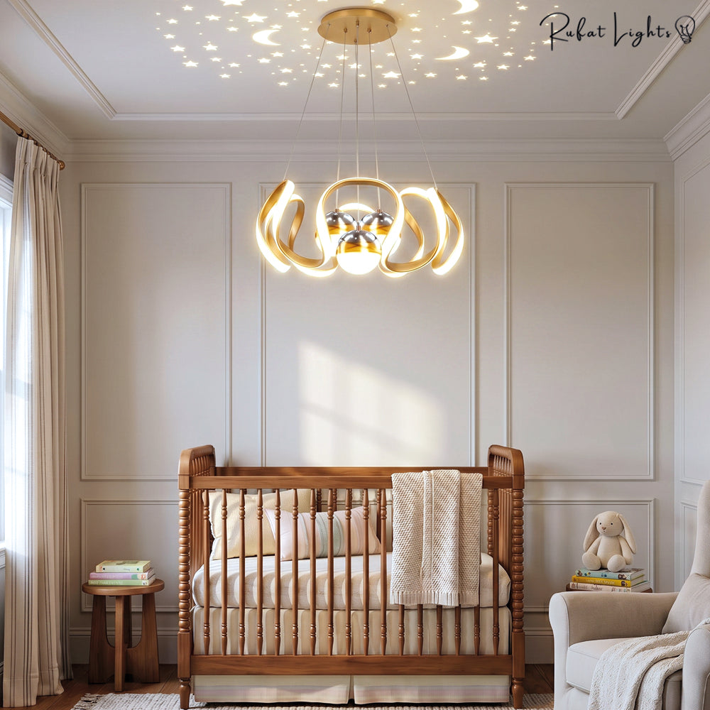 Modern LED Star Sky Design Ceiling Chandeliers gold version over a nursery