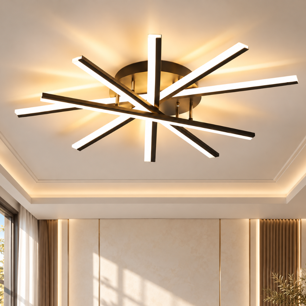 Modern LED Stick Ceiling Chandeliers LED stick ceiling chandelier glowing in a modern living room