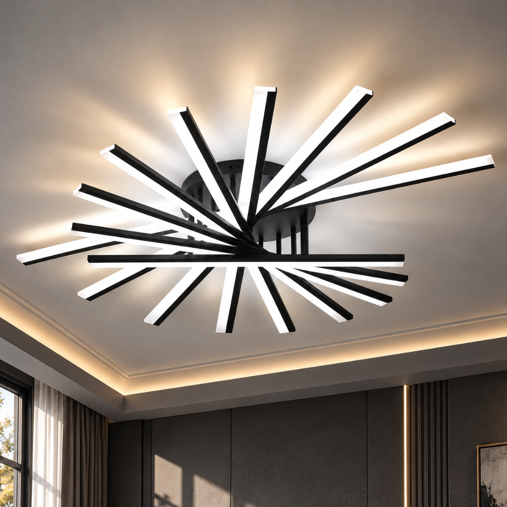 Modern LED Stick Ceiling Chandeliers black version on a dark coffered ceiling