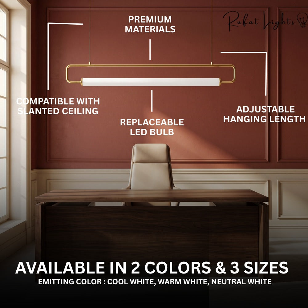 Modern LED Tube Pendant Lights features: premium materials, compatible with slanted ceiling, replaceable LED bulb, adjustable hanging length, available in 2 colors and 3 sizes