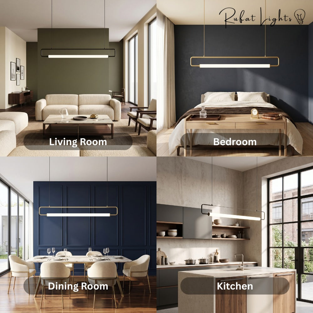 Modern LED Tube Pendant Lights shown in a living room, bedroom, dining room and kitchen
