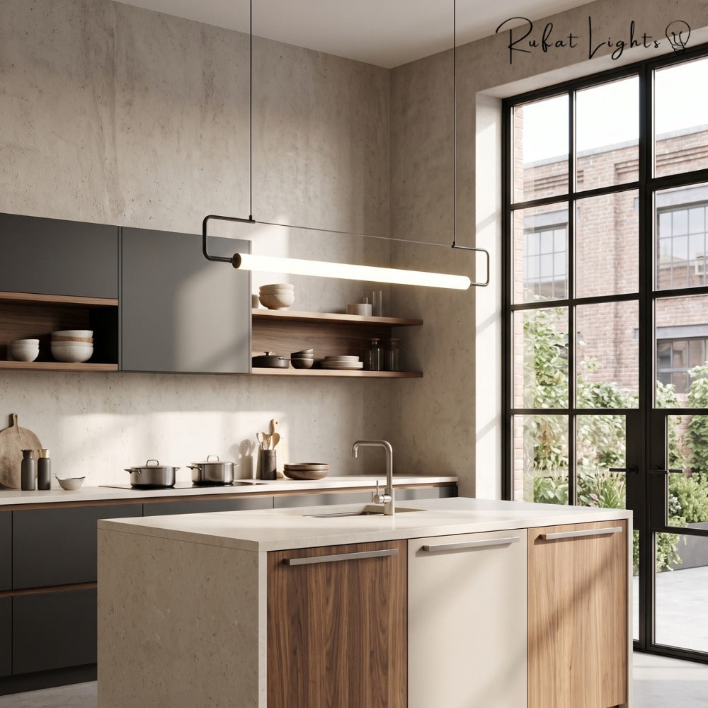 Modern LED Tube Pendant Lights over a kitchen island
