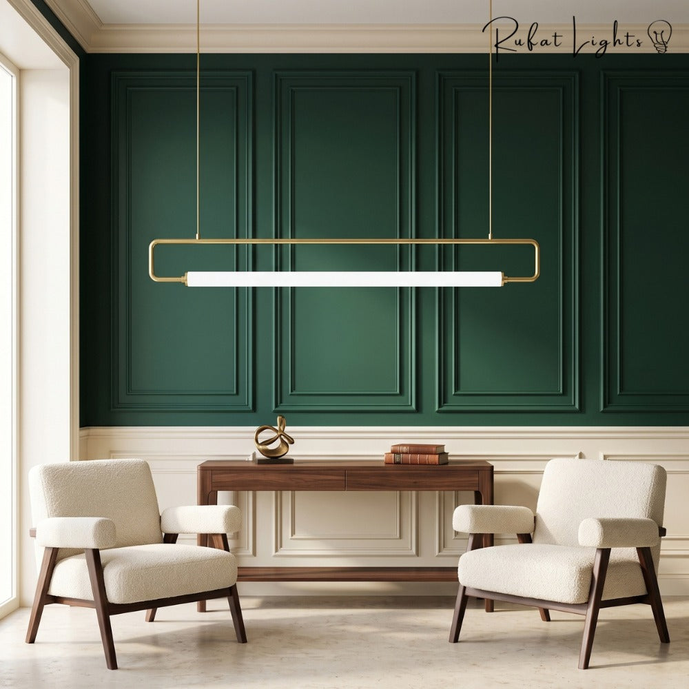 Modern LED Tube Pendant Lights Gold in a lounge with green walls