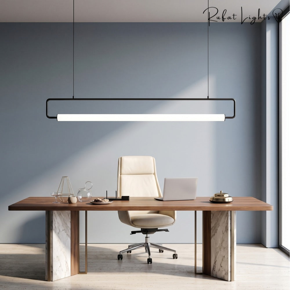 Modern LED Tube Pendant Lights Black above an office desk