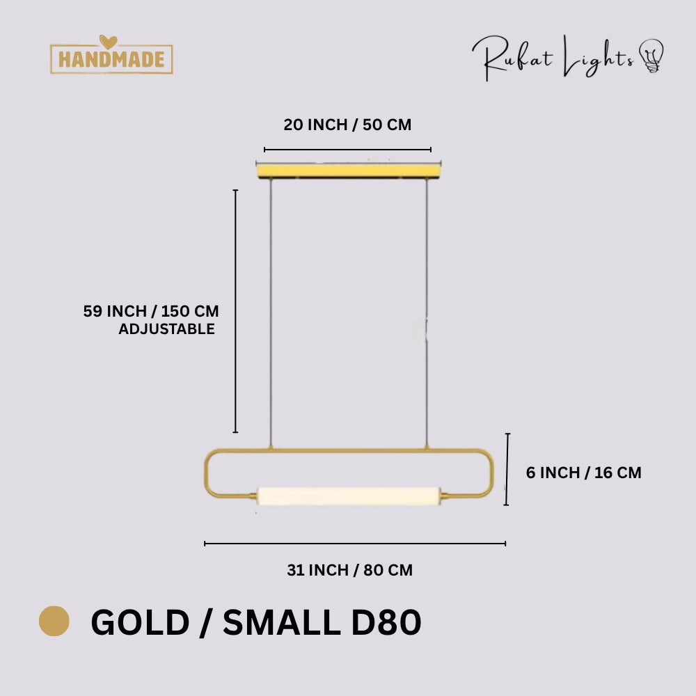 Modern LED Tube Pendant Lights Gold Small D80 dimensions: 31 in (80 cm) wide, 6 in (16 cm) high, 59 in (150 cm) adjustable hanging length