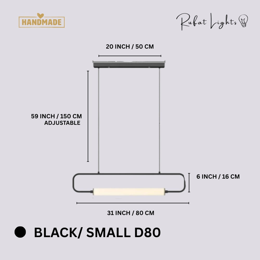 Modern LED Tube Pendant Lights Black Small D80 dimensions: 31 in (80 cm) wide, 6 in (16 cm) high, 59 in (150 cm) adjustable hanging length