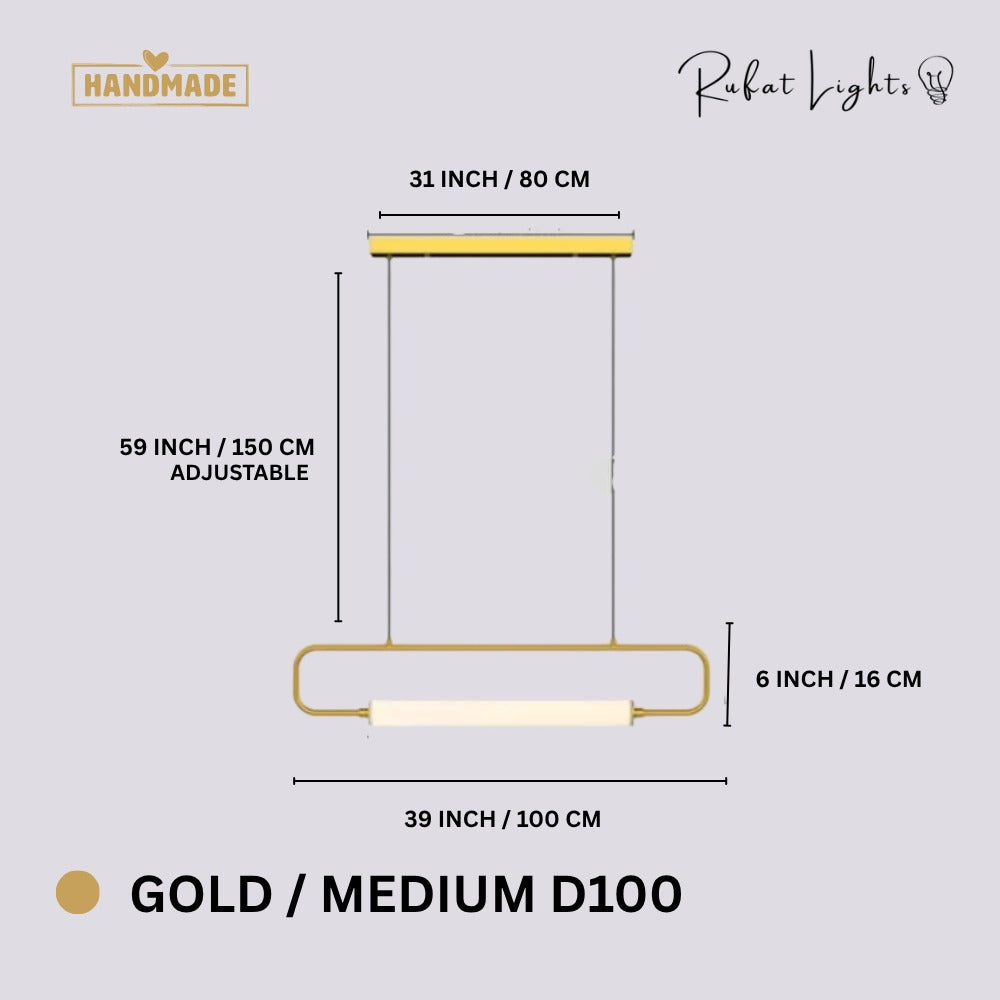 Modern LED Tube Pendant Lights Gold Medium D100 dimensions: 39 in (100 cm) wide, 6 in (16 cm) high, 59 in (150 cm) adjustable hanging length