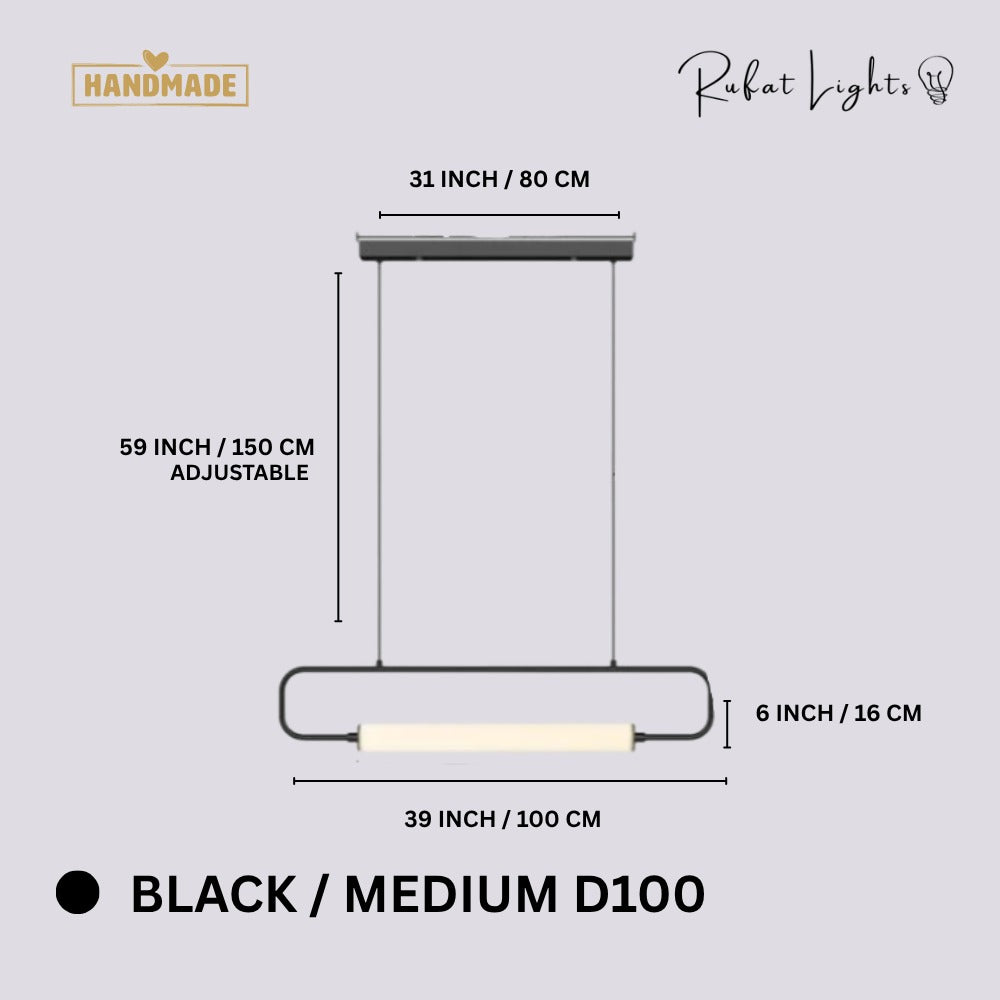 Modern LED Tube Pendant Lights Black Medium D100 dimensions: 39 in (100 cm) wide, 6 in (16 cm) high, 59 in (150 cm) adjustable hanging length
