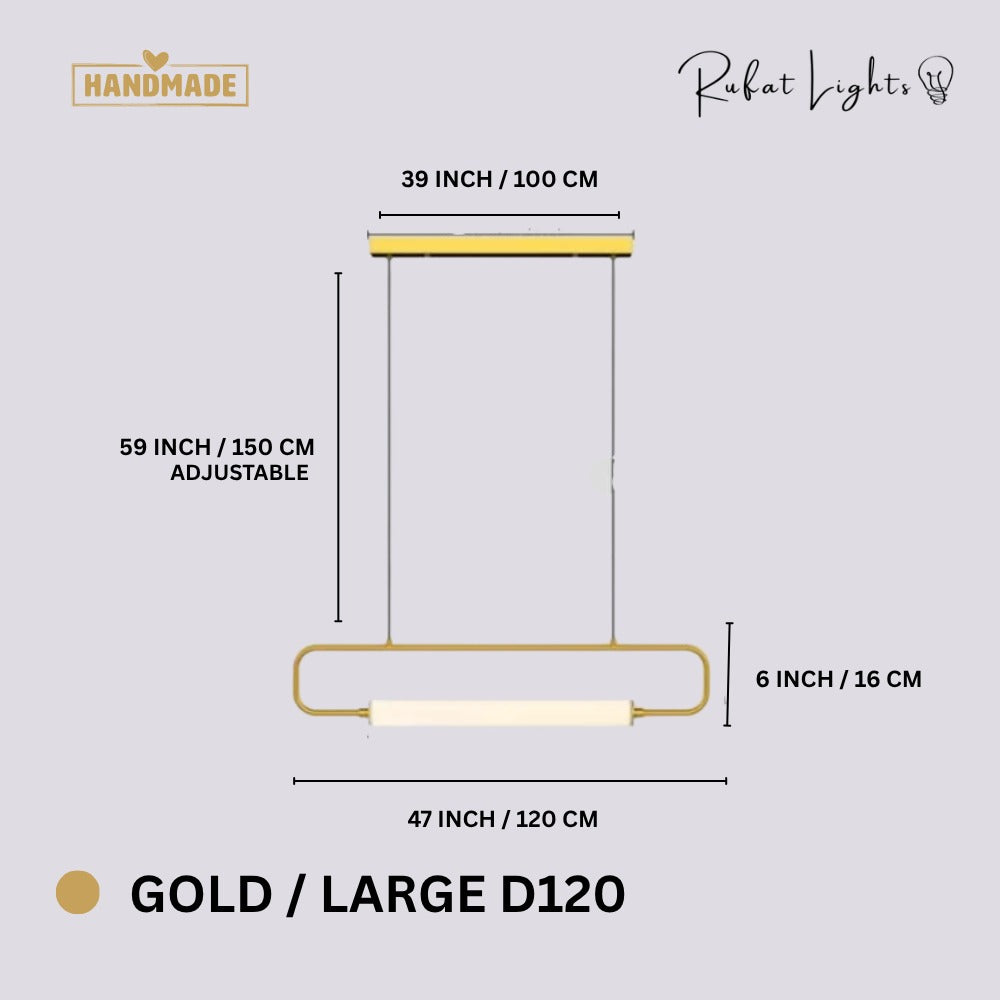Modern LED Tube Pendant Lights Gold Large D120 dimensions: 47 in (120 cm) wide, 6 in (16 cm) high, 59 in (150 cm) adjustable hanging length