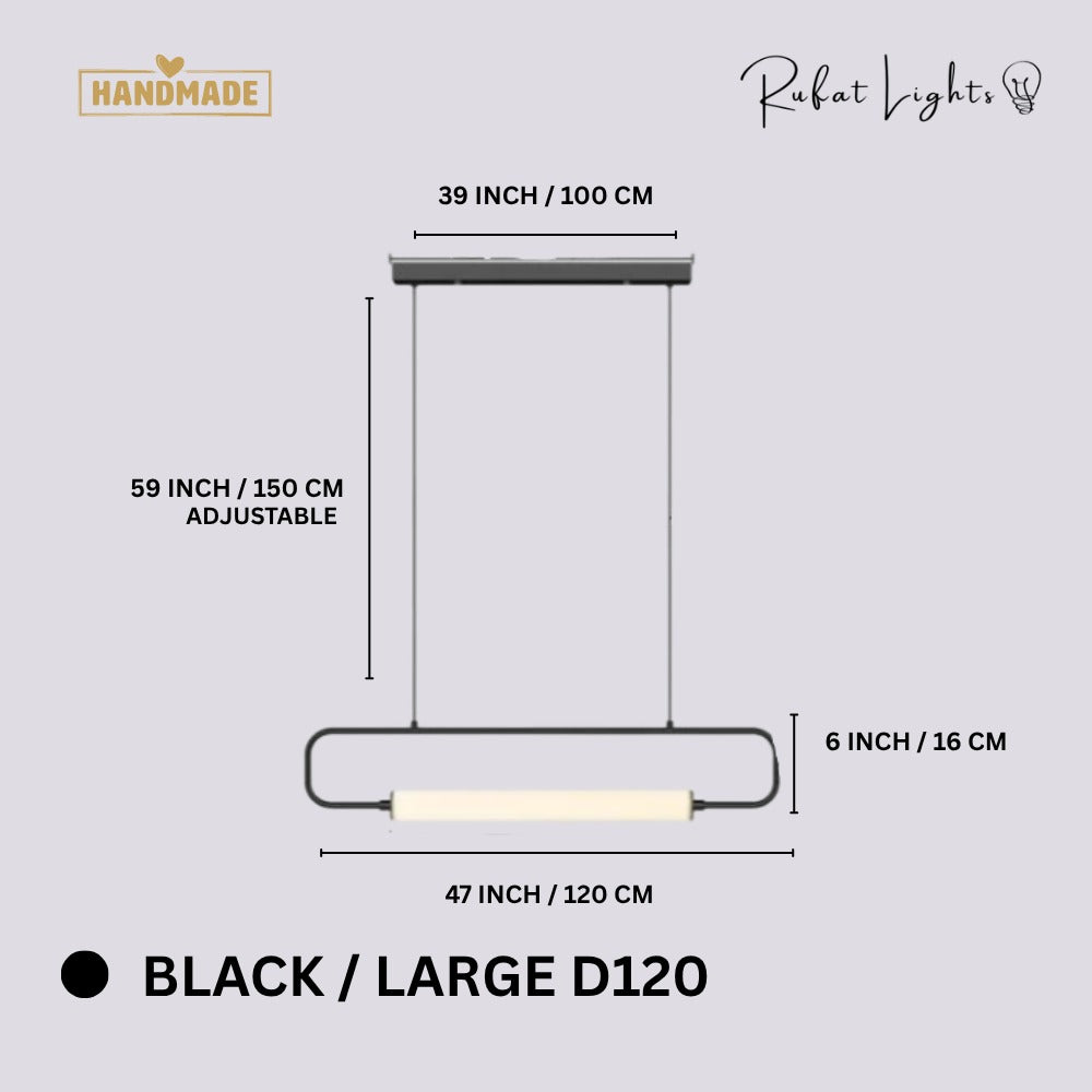 Modern LED Tube Pendant Lights Black Large D120 dimensions: 47 in (120 cm) wide, 6 in (16 cm) high, 59 in (150 cm) adjustable hanging length