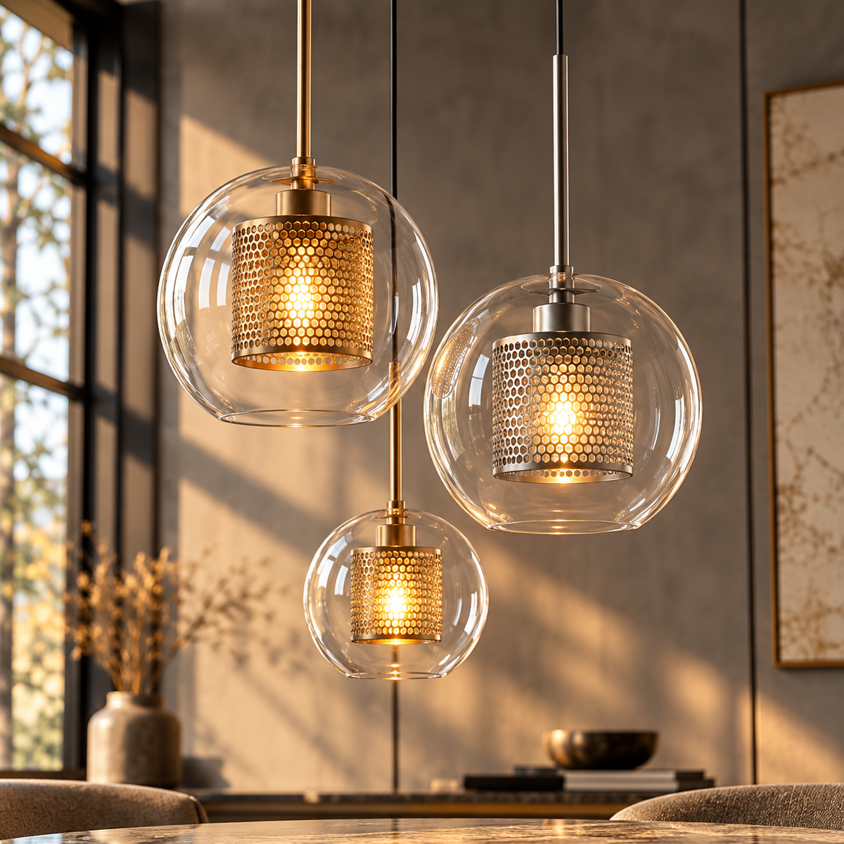 Modern Loft Glass Ball Pendant Light three brass glass globe pendants with honeycomb mesh shades glowing in a warm interior