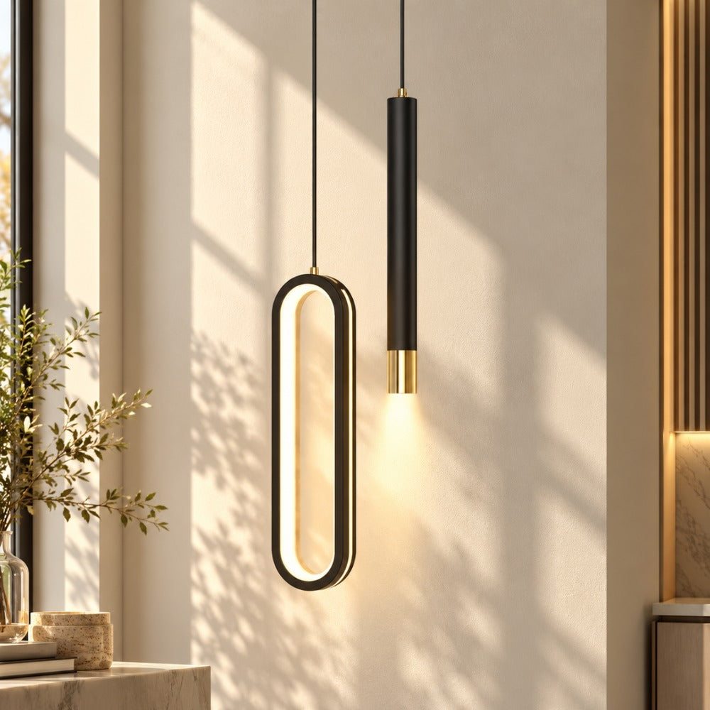 Modern Lustre Minimalist LED Pendant Lights Black oval ring with glowing light