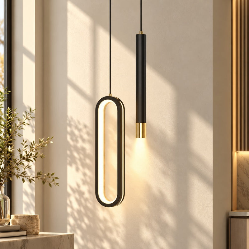 Modern Lustre Minimalist LED Pendant Lights Black oval ring with glowing light
