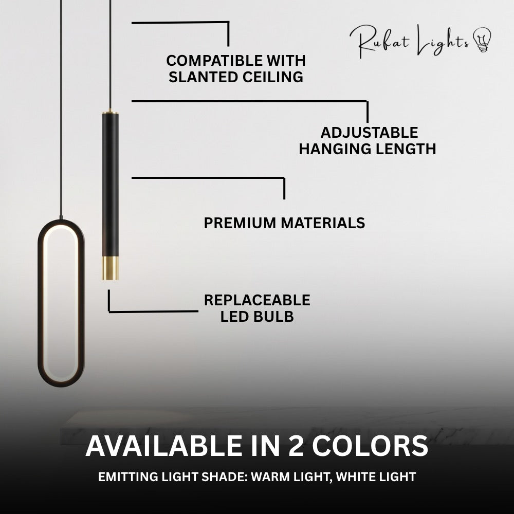 Modern Lustre Minimalist LED Pendant Lights features: compatible with slanted ceiling, adjustable hanging length, premium materials, replaceable LED bulb, available in 2 colors