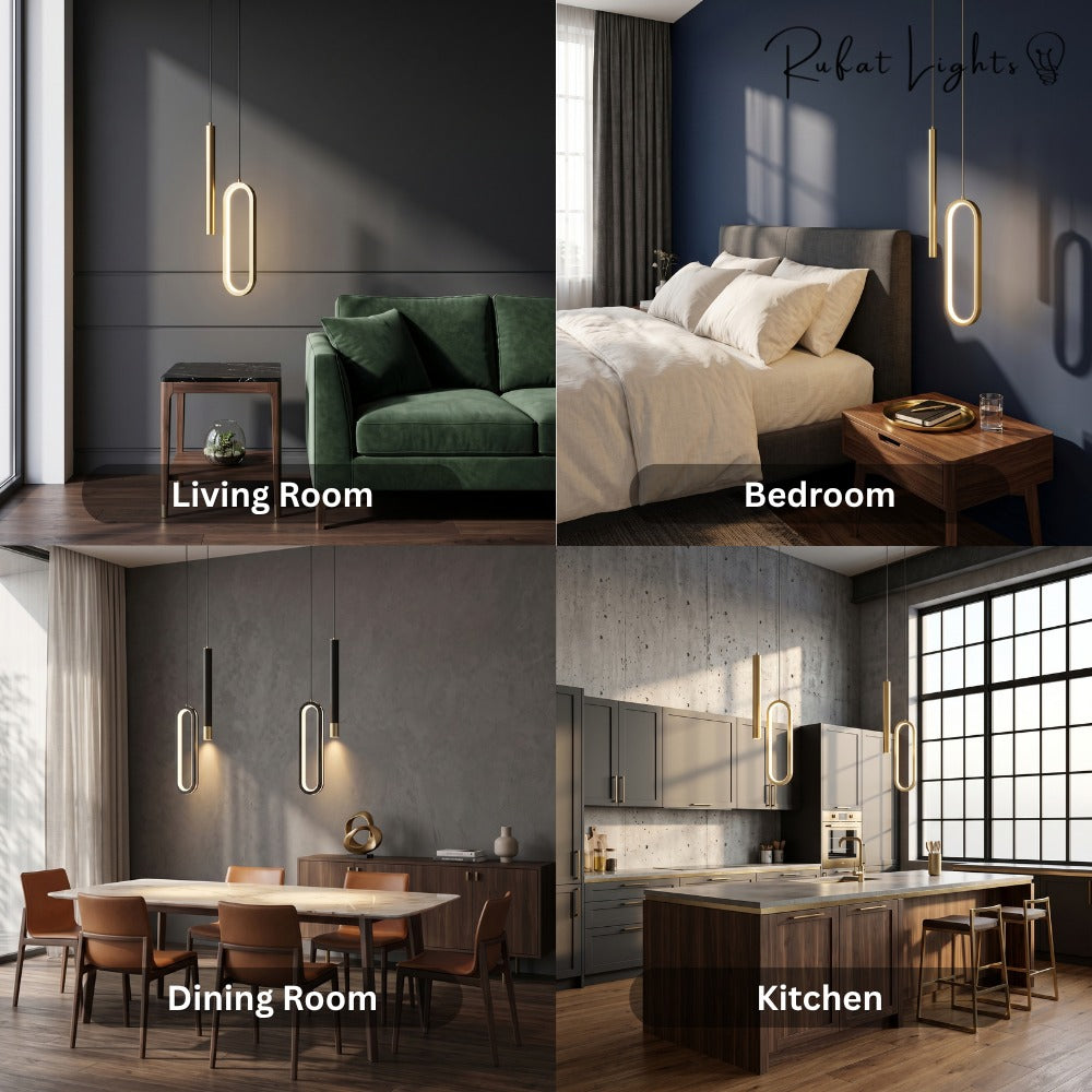 Modern Lustre Minimalist LED Pendant Lights shown in a living room, bedroom, dining room and kitchen