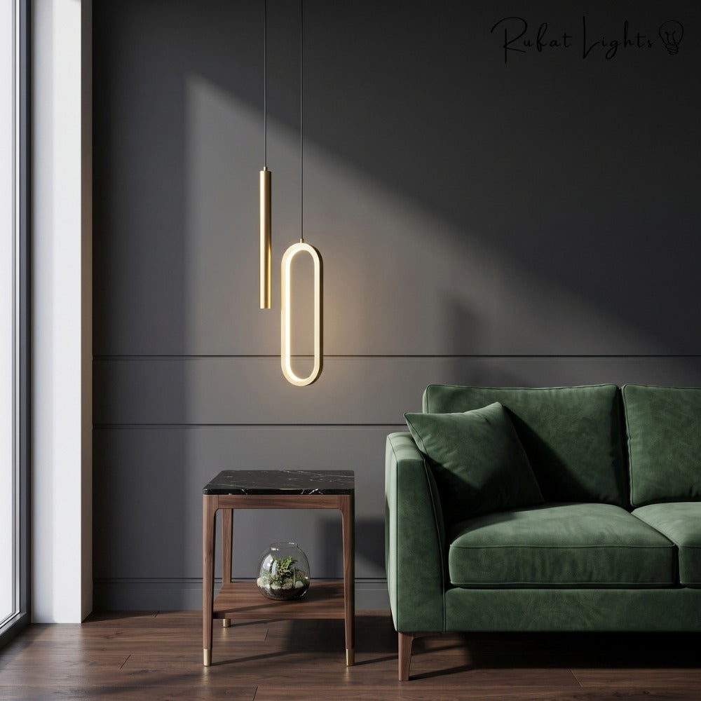 Modern Lustre Minimalist LED Pendant Lights Gold beside a sofa