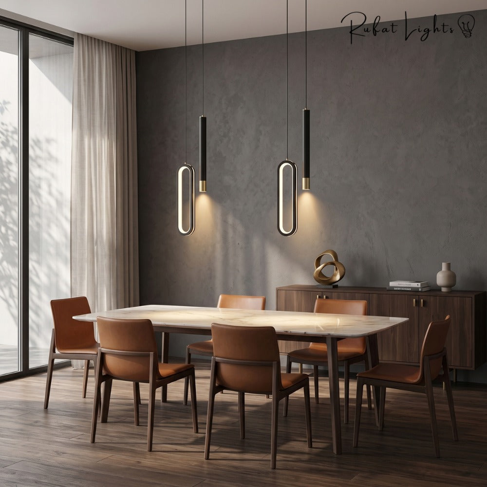 Modern Lustre Minimalist LED Pendant Lights Black pair over a dining table