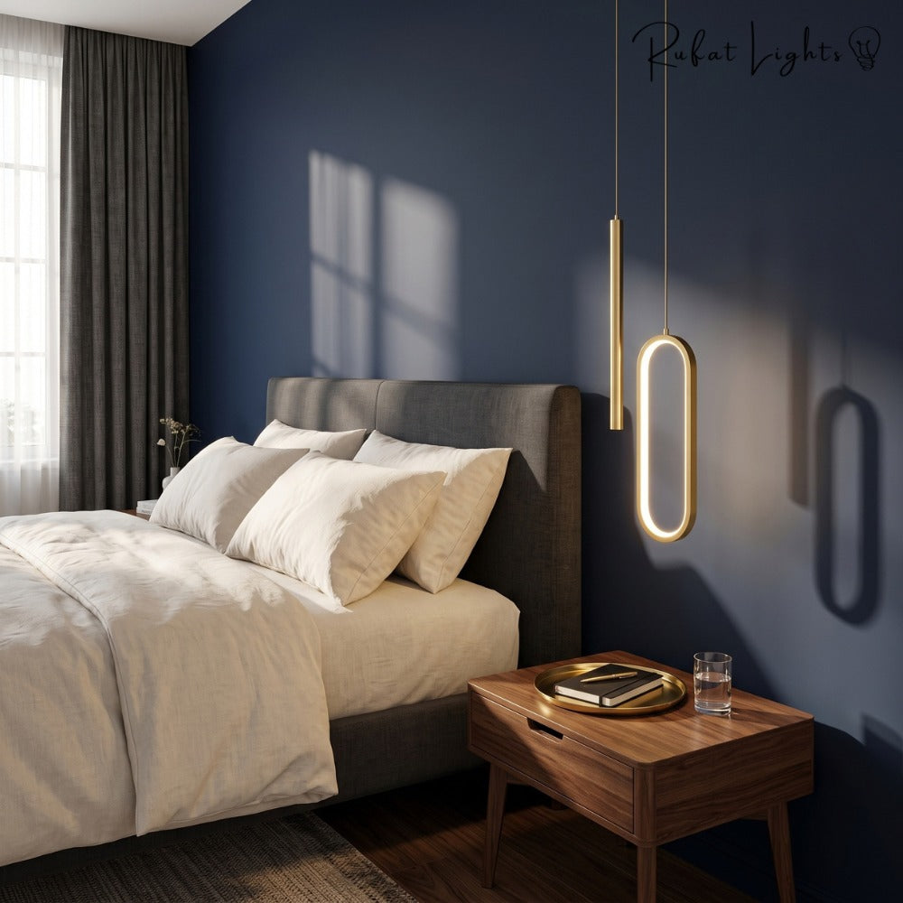 Modern Lustre Minimalist LED Pendant Lights Black beside a bed