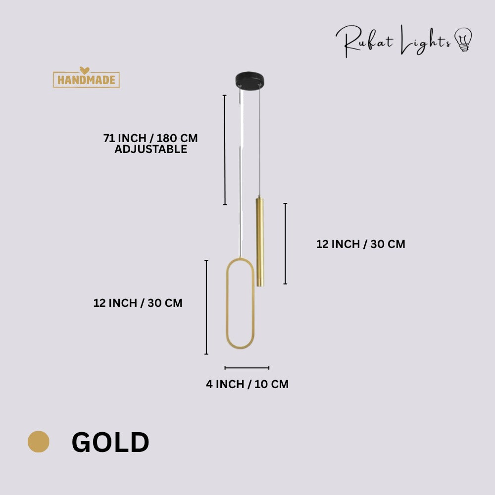 Modern Lustre Minimalist LED Pendant Lights Gold dimensions: 4 in (10 cm) wide, 12 in (30 cm) high, 71 in (180 cm) adjustable hanging length