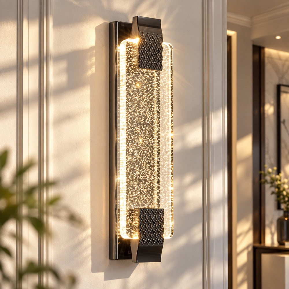 Modern Luxury Crystal Rectangular Bubble Wall Lamp Gold against a white wall