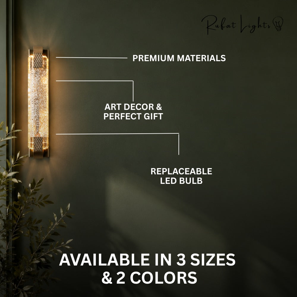 Modern Luxury Crystal Rectangular Bubble Wall Lamp features: premium materials, art decor and perfect gift, replaceable LED bulb, available in 3 sizes and 2 colors