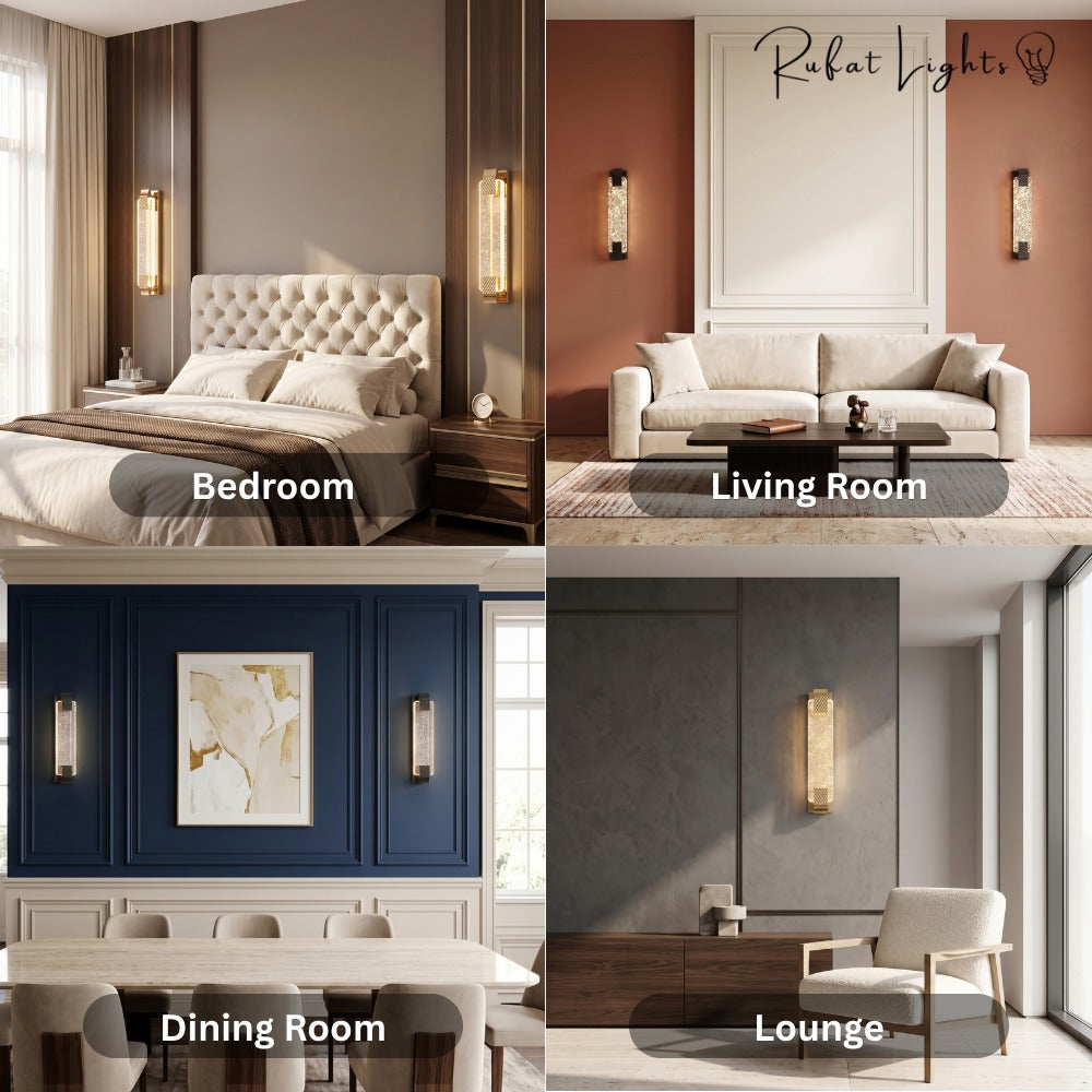 Modern Luxury Crystal Rectangular Bubble Wall Lamp shown in a bedroom, living room, dining room and lounge