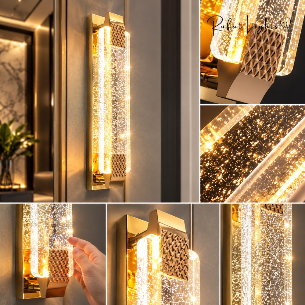 Modern Luxury Crystal Rectangular Bubble Wall Lamp crystal and frame details
