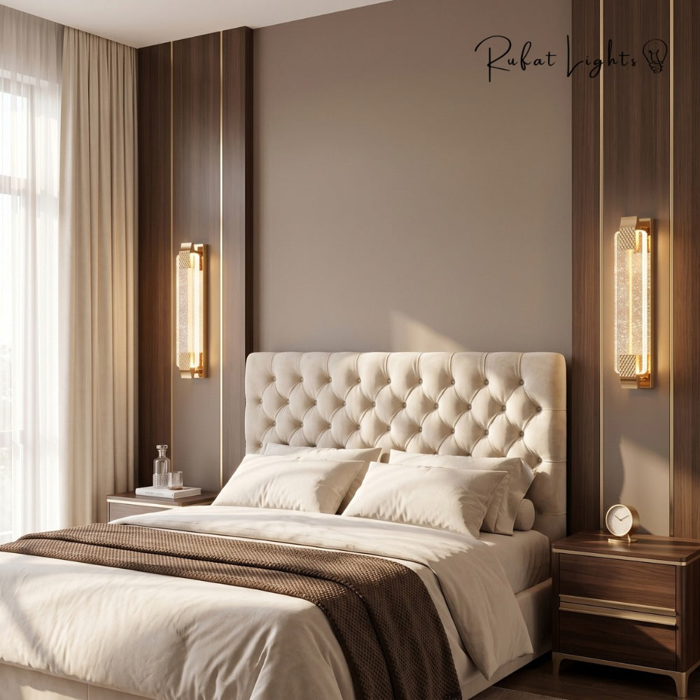 Modern Luxury Crystal Rectangular Bubble Wall Lamp pair beside a bed