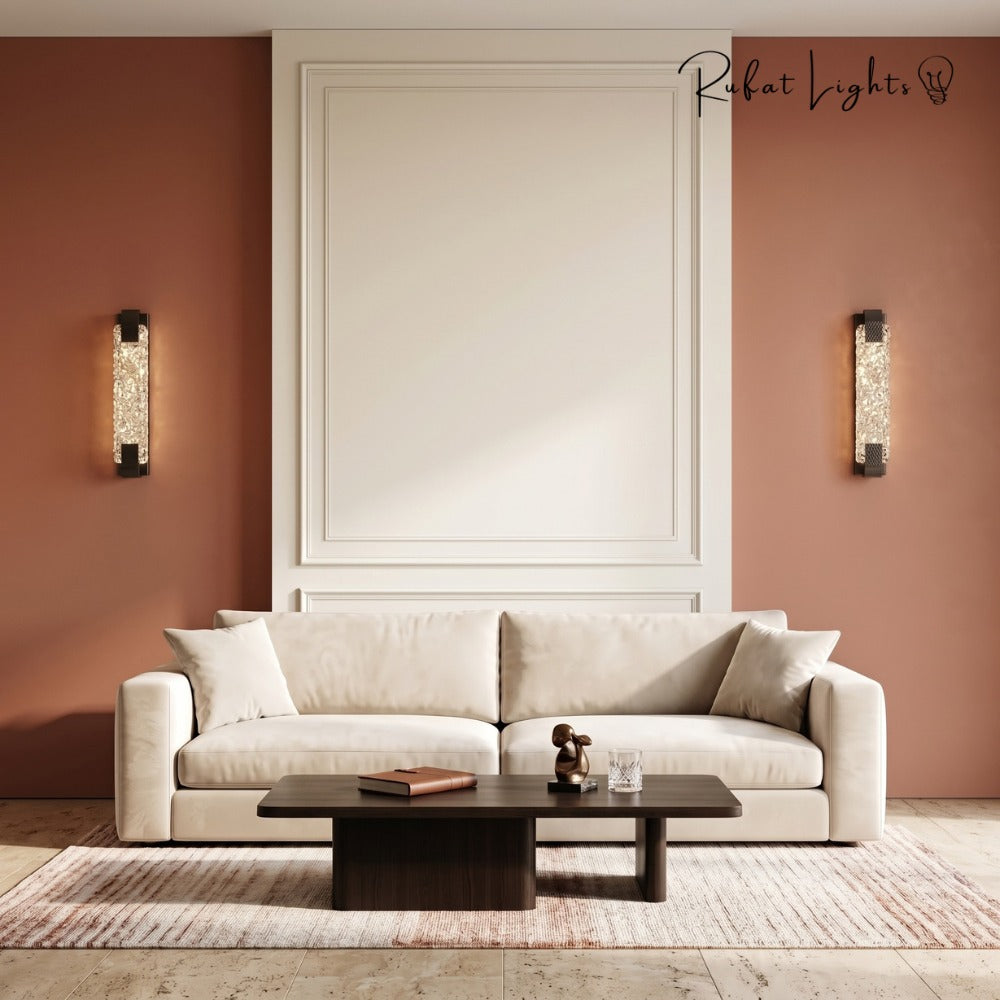 Modern Luxury Crystal Rectangular Bubble Wall Lamp pair beside a sofa