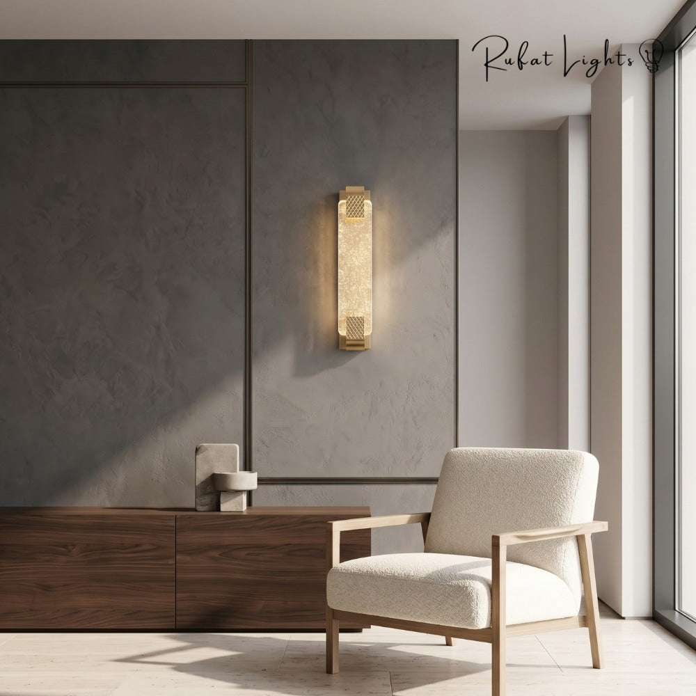 Modern Luxury Crystal Rectangular Bubble Wall Lamp beside an armchair