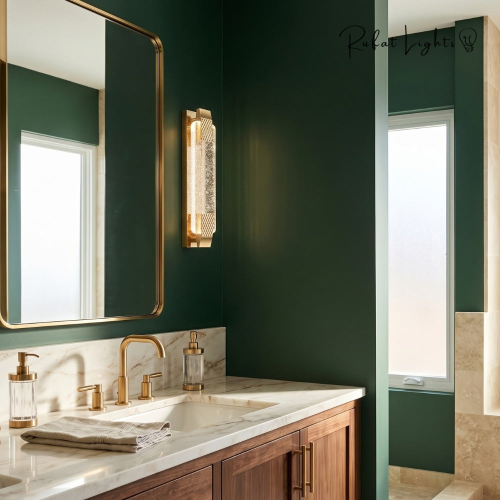 Modern Luxury Crystal Rectangular Bubble Wall Lamp in a bathroom above a vanity