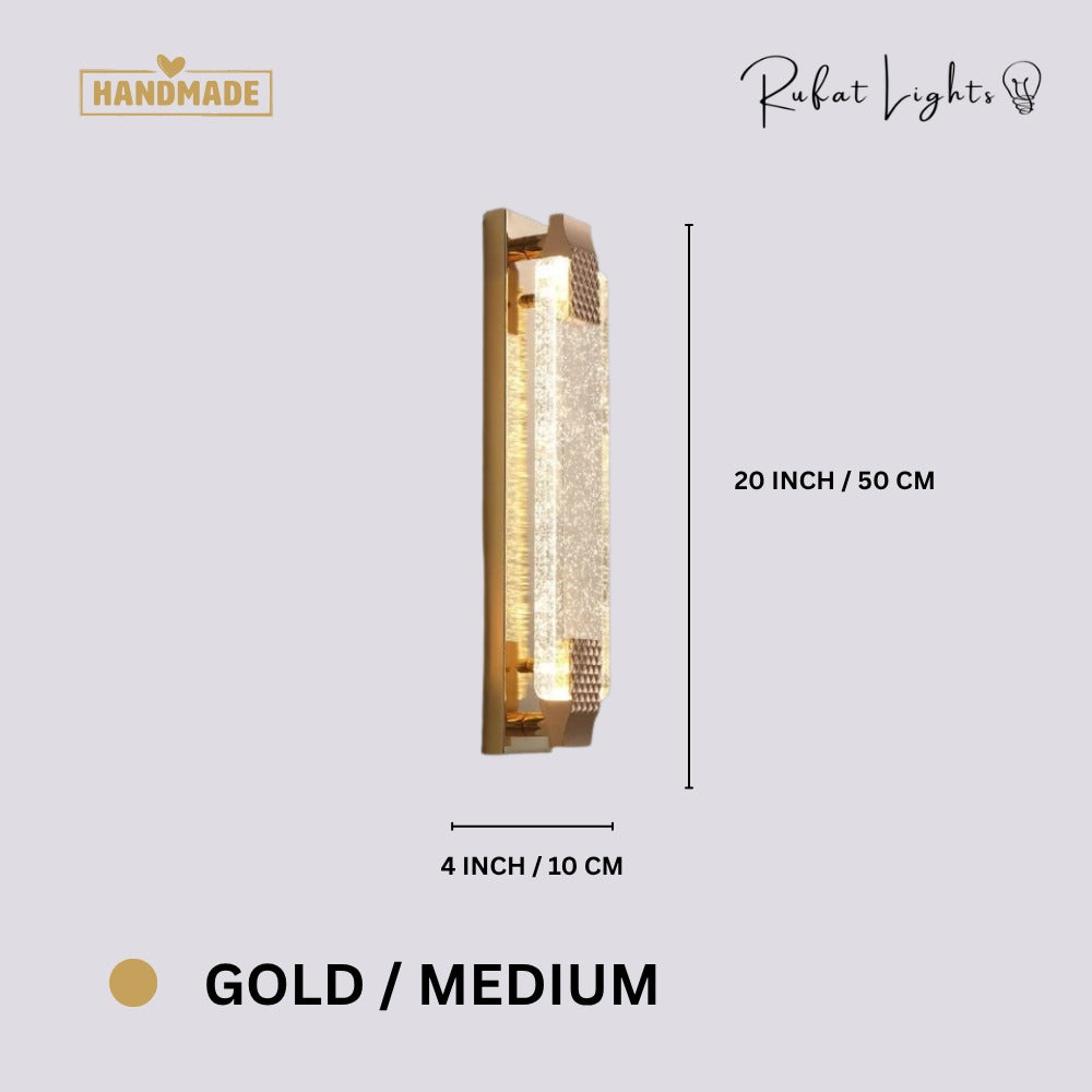 Modern Luxury Crystal Rectangular Bubble Wall Lamp Gold Medium dimensions: 20 in (50 cm) high, 4 in (10 cm) wide