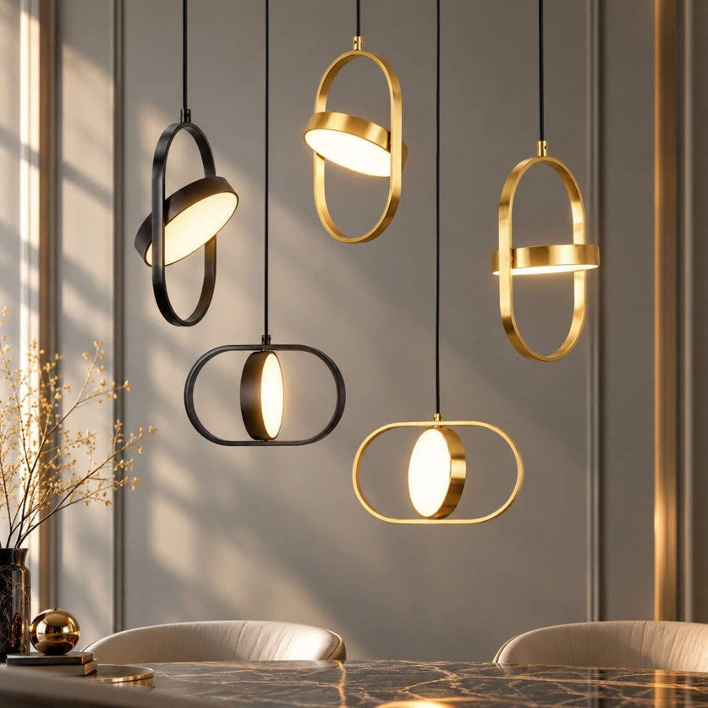 Modern Magic Eye Led Pendant Lights group in gold and black