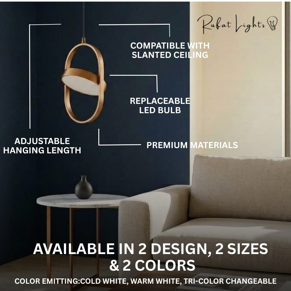 Modern Magic Eye Led Pendant Lights features: compatible with slanted ceiling, adjustable hanging length, replaceable LED bulb, premium materials, available in 2 designs, 2 sizes and 2 colors