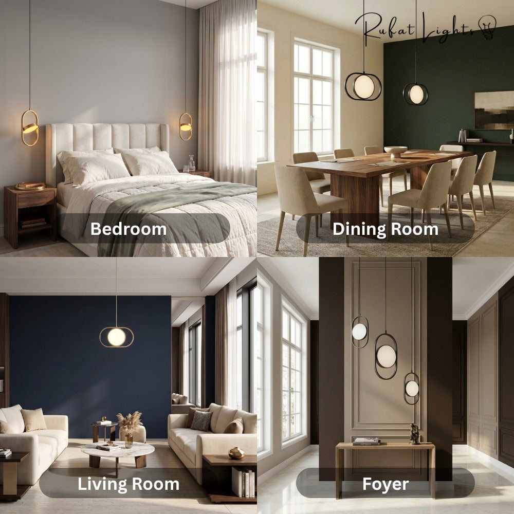 Modern Magic Eye Led Pendant Lights shown in a bedroom, dining room, living room and foyer