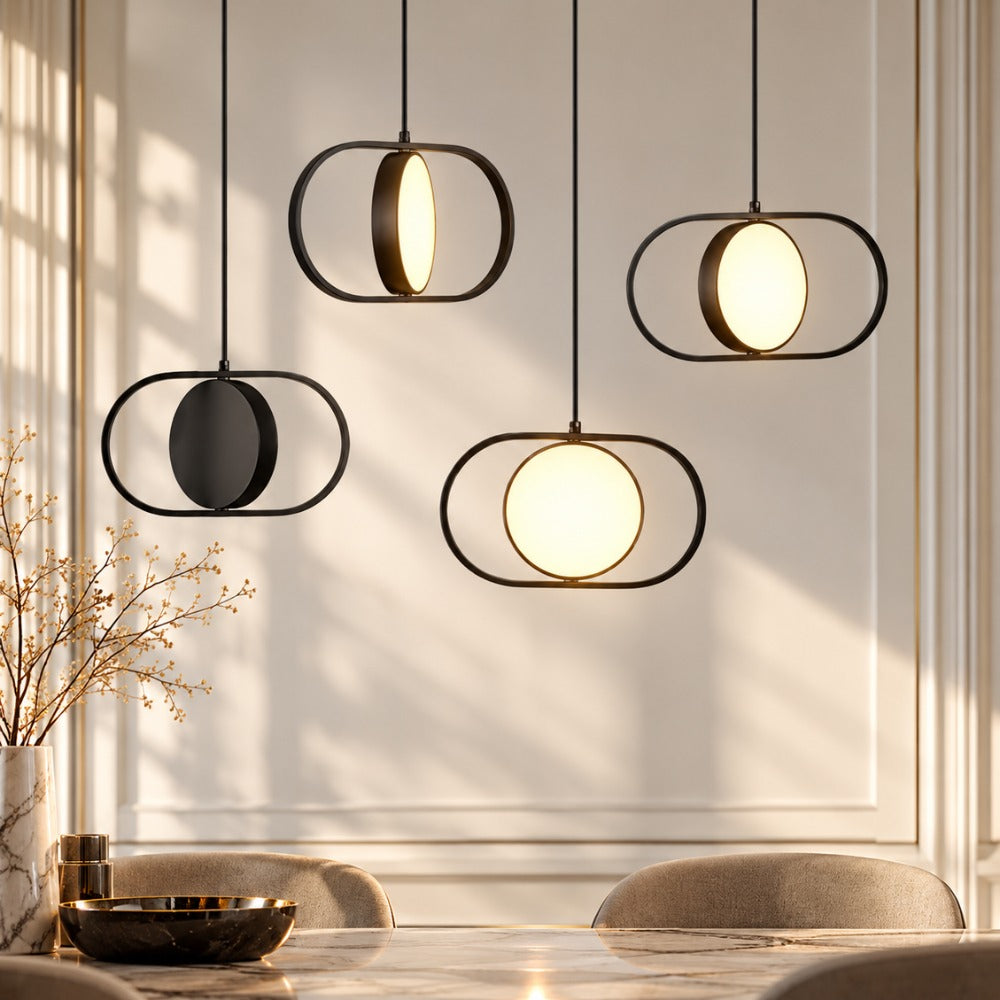 Modern Magic Eye Led Pendant Lights Black and Gold horizontal pair