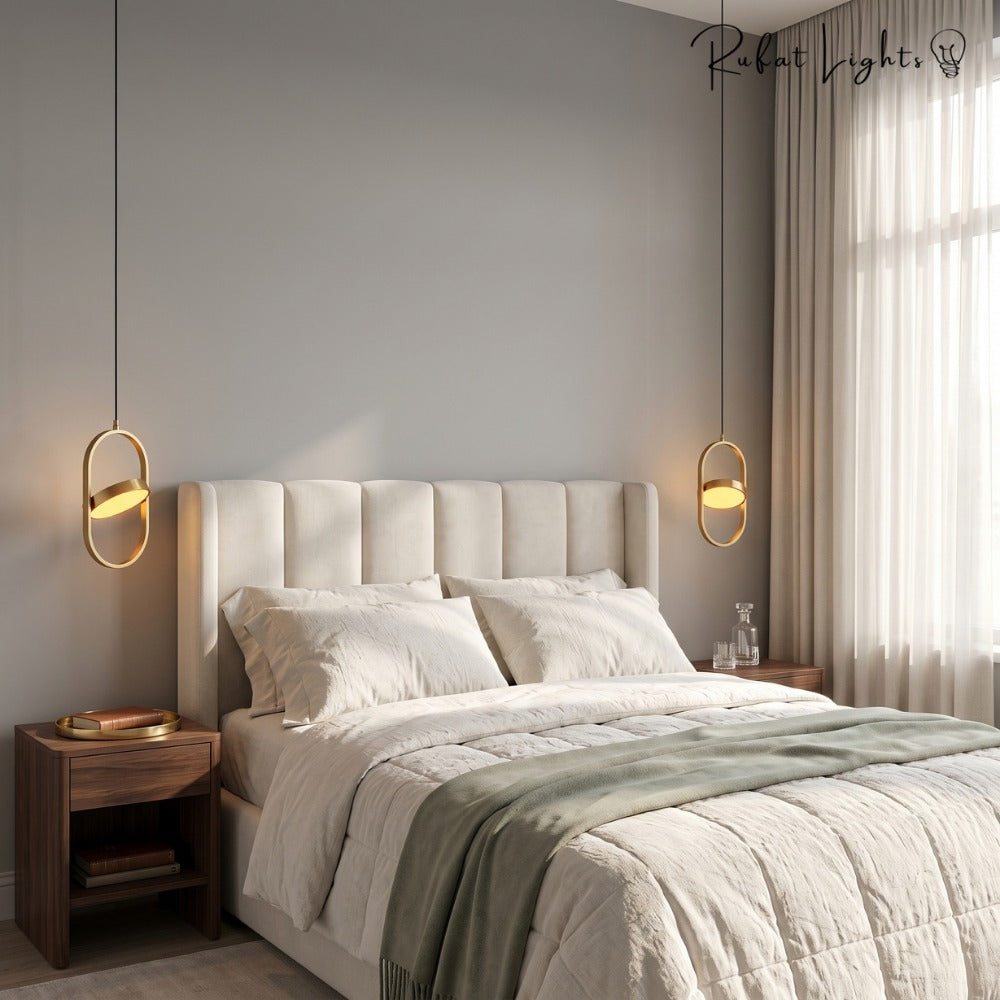 Modern Magic Eye Led Pendant Lights beside a bed