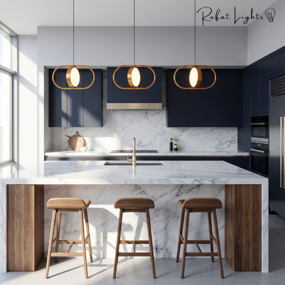 Modern Magic Eye Led Pendant Lights trio over a kitchen island