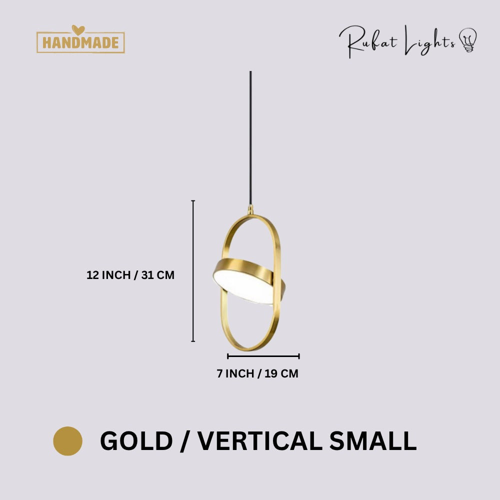 Modern Magic Eye Led Pendant Lights Gold Vertical Small dimensions: 7 in (19 cm) wide, 12 in (31 cm) high
