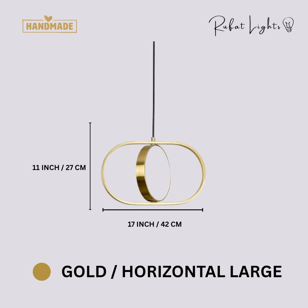 Modern Magic Eye Led Pendant Lights Gold Horizontal Large dimensions: 17 in (42 cm) wide, 11 in (27 cm) high