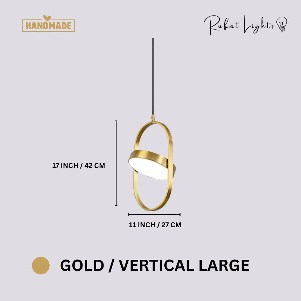 Modern Magic Eye Led Pendant Lights Gold Vertical Large dimensions: 11 in (27 cm) wide, 17 in (42 cm) high